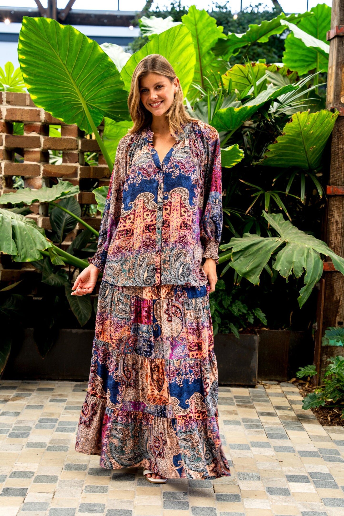 Boho Australia Louisa Blouse with V-Neck Long Sleeve Shirred Cuff Buttoned - Boheme Mosaic - Style House Fashion Boho Australia