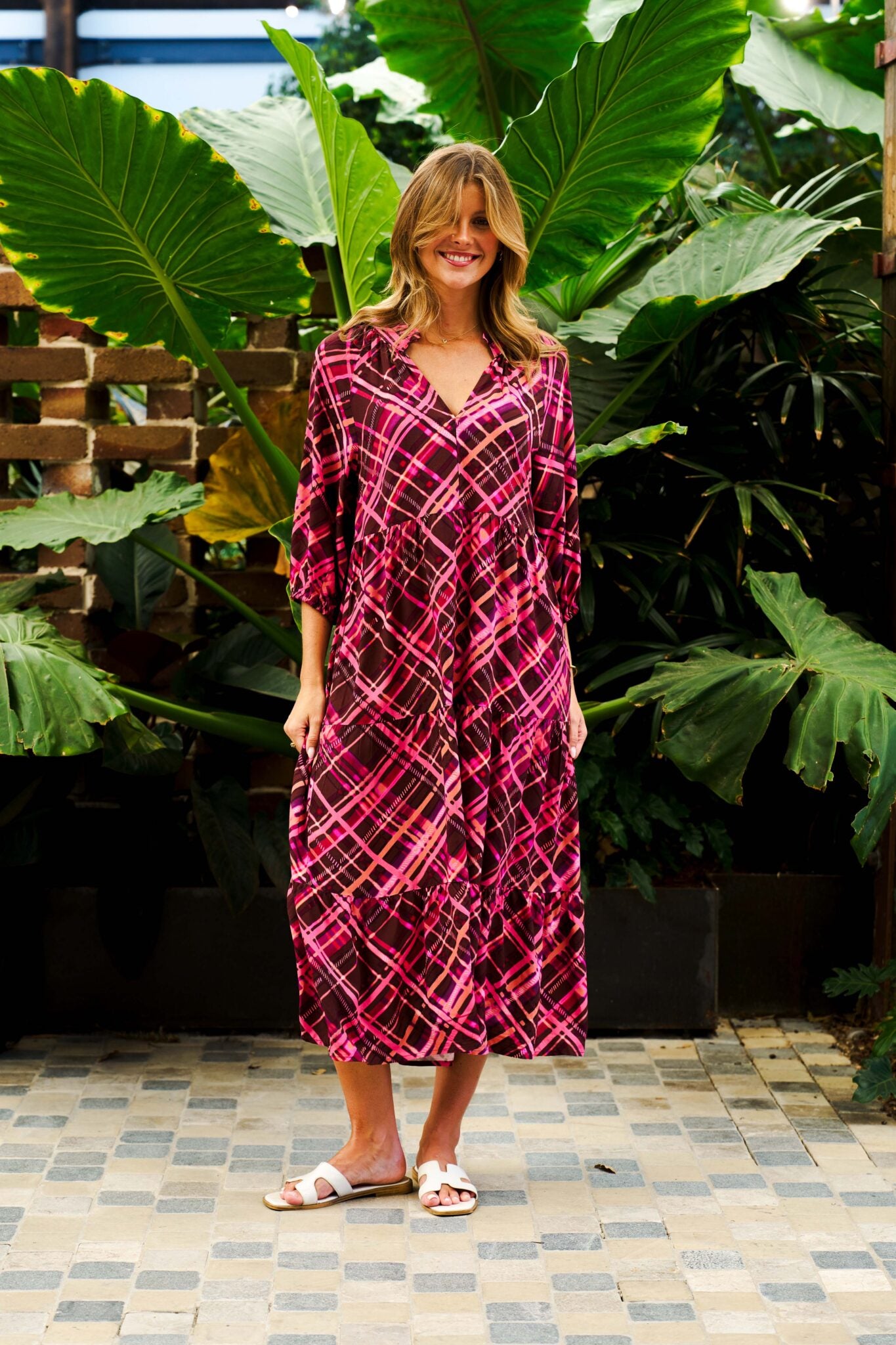 Boho Australia Maizie Midi Dress with V-Neck Sleeves Pockets - Rasberry Mocha - Style House Fashion Boho Australia