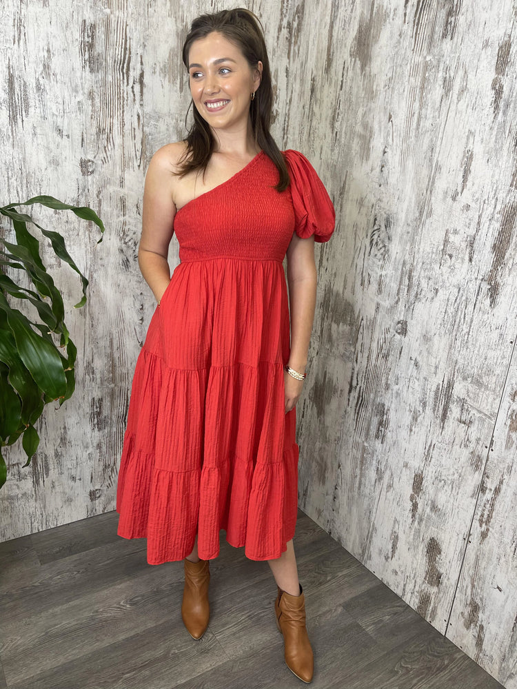 Cherry One Shoulder Maxi Dress - Christmas Red Style House Fashion