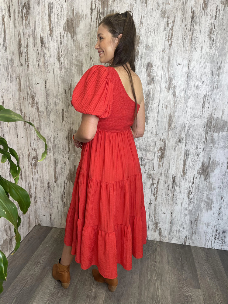 Cherry One Shoulder Maxi Dress - Christmas Red Style House Fashion