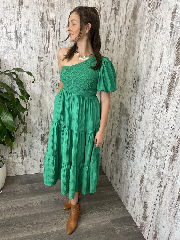 Cherry One Shoulder Maxi Dress - Festive Green Style House Fashion