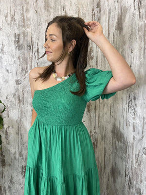 Cherry One Shoulder Maxi Dress - Festive Green Style House Fashion