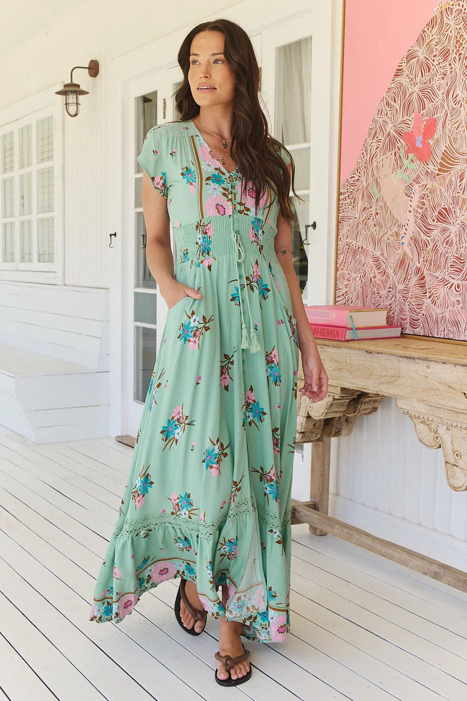Jaase Romi Maxi Dress With Shirred Waist Shell Sleeve Buttoned Pockets - Meribel - Style House Fashion Jaase
