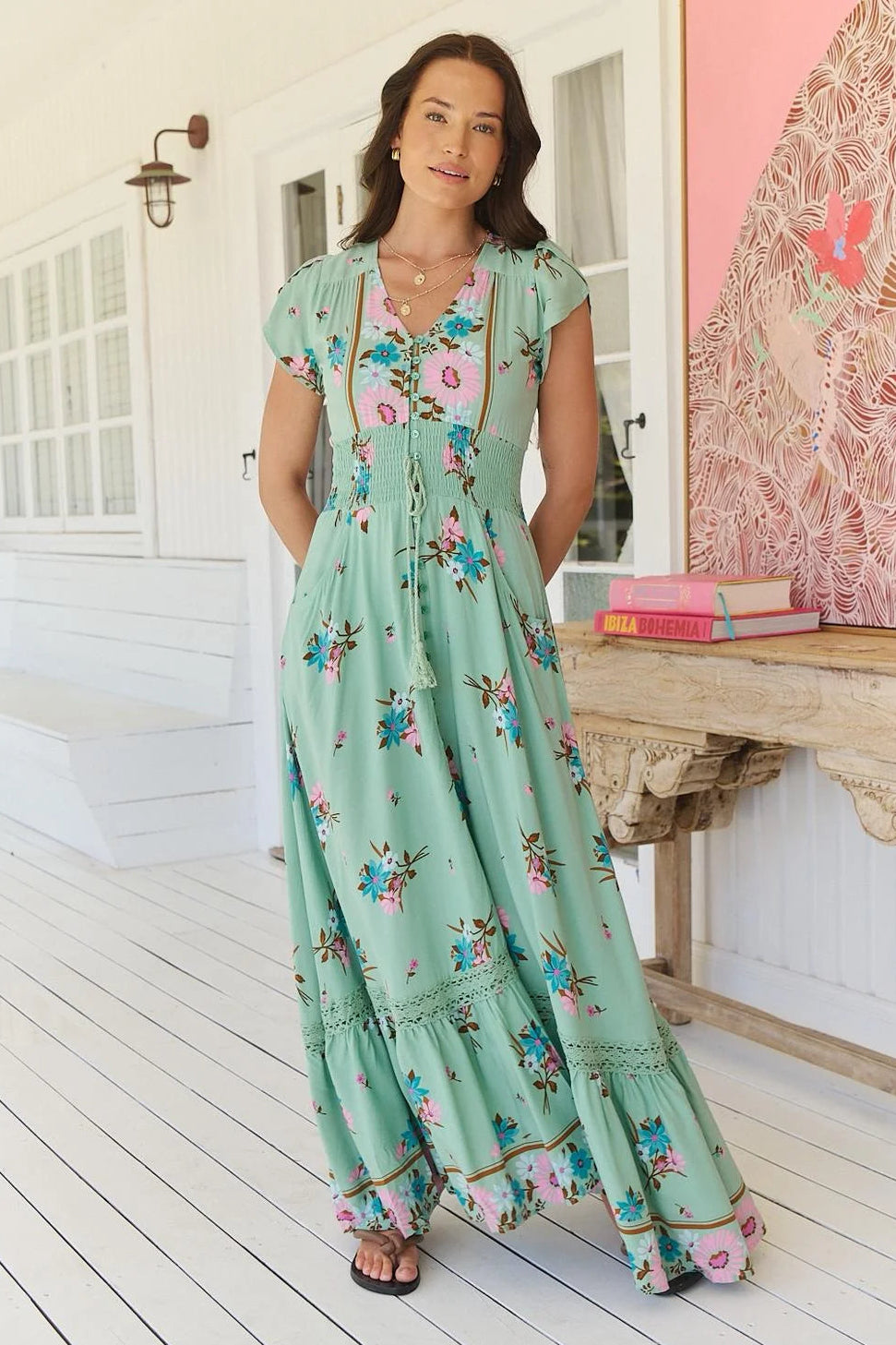 Jaase Romi Maxi Dress With Shirred Waist Shell Sleeve Buttoned Pockets - Meribel - Style House Fashion Jaase