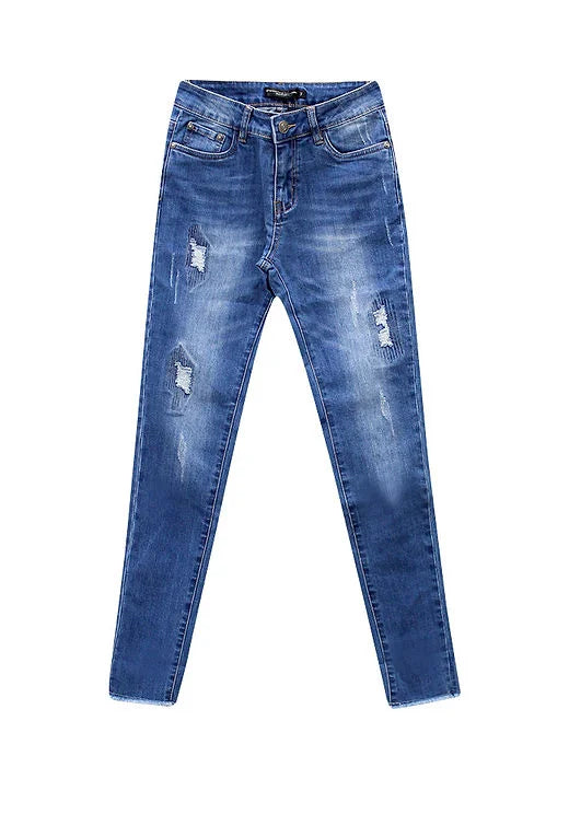 Country Denim Patched Stretch Skinny Denim Raw Hem Jeans - Mid Blue Country Denim