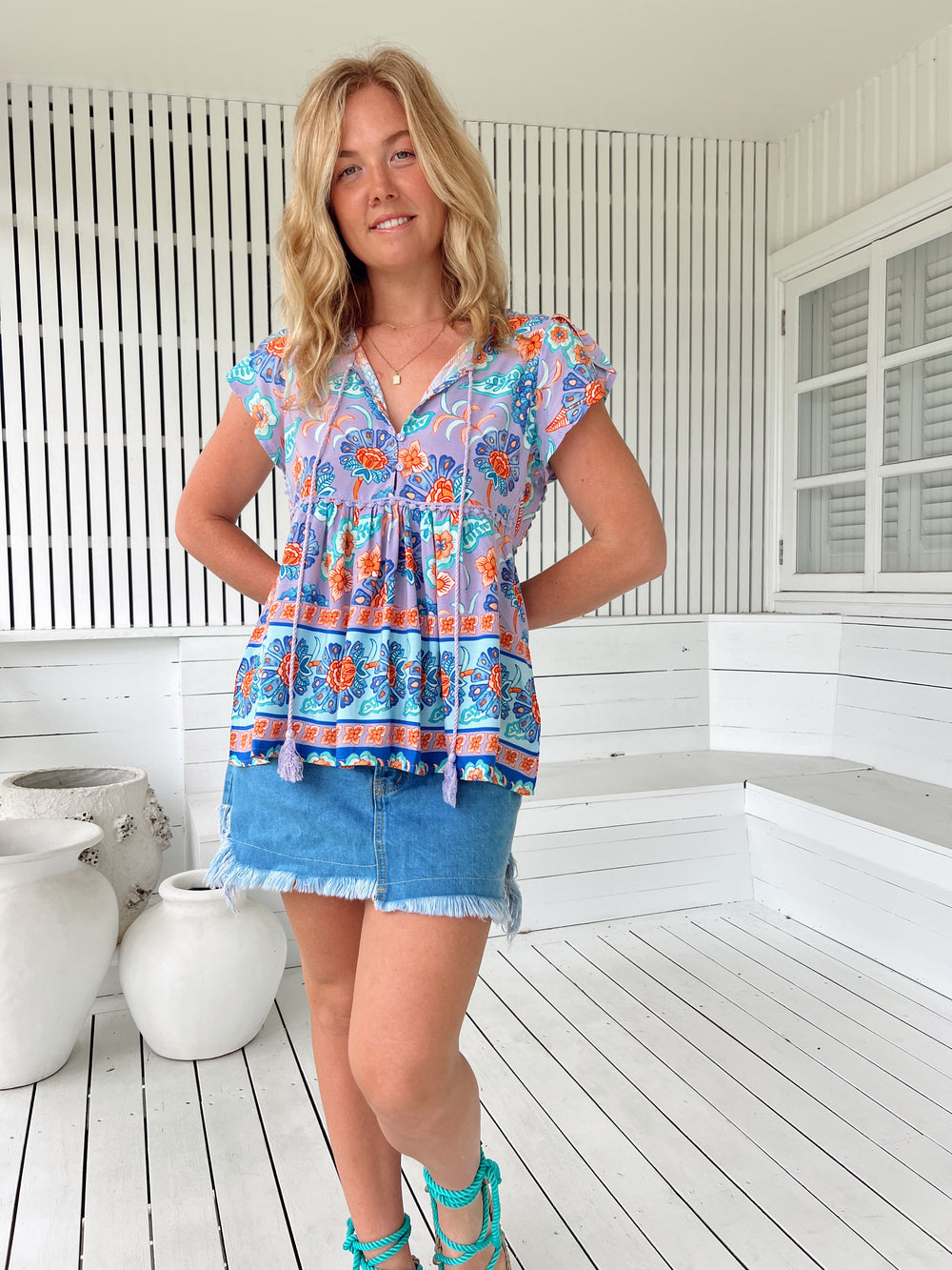 Jaase Ella Top Blouse with Shell Sleeve V Neck Button Bodice - Daydreamer - Style House Fashion