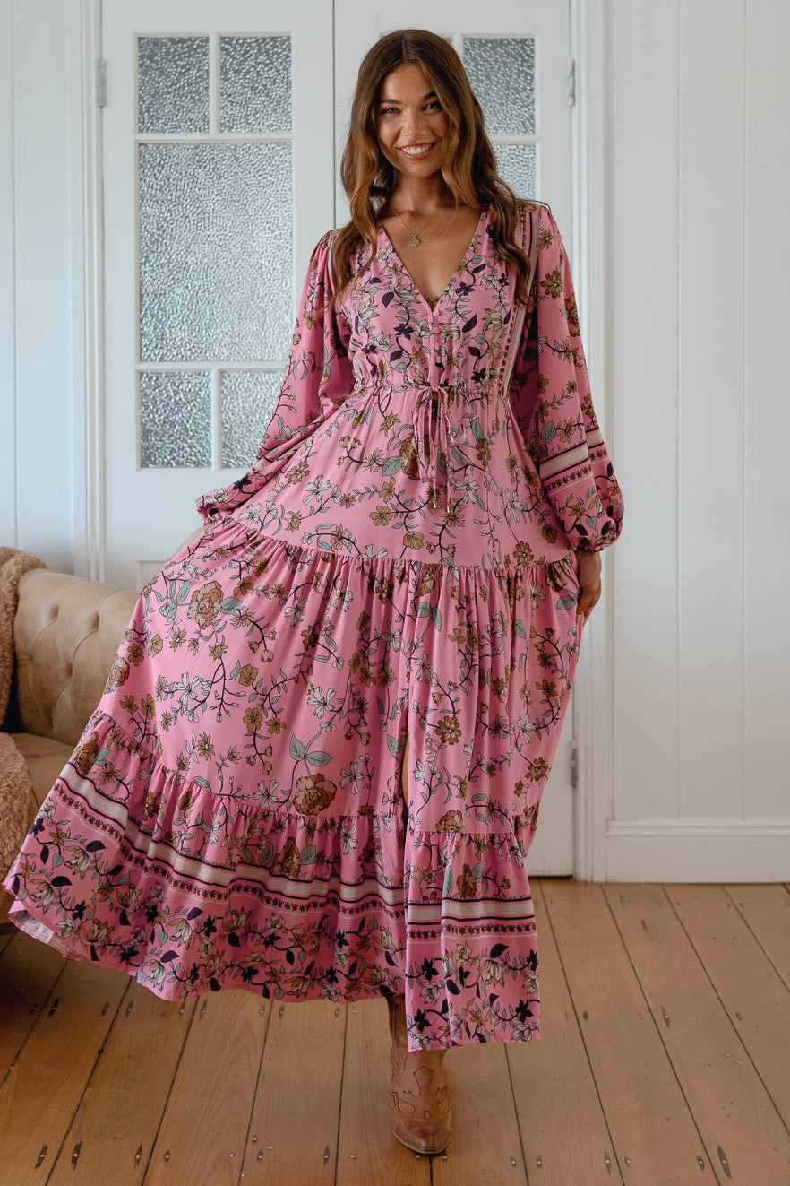 Jaase Teresa Maxi Dress with Long Sleeve Drawstring Waist - Elara - Style House Fashion