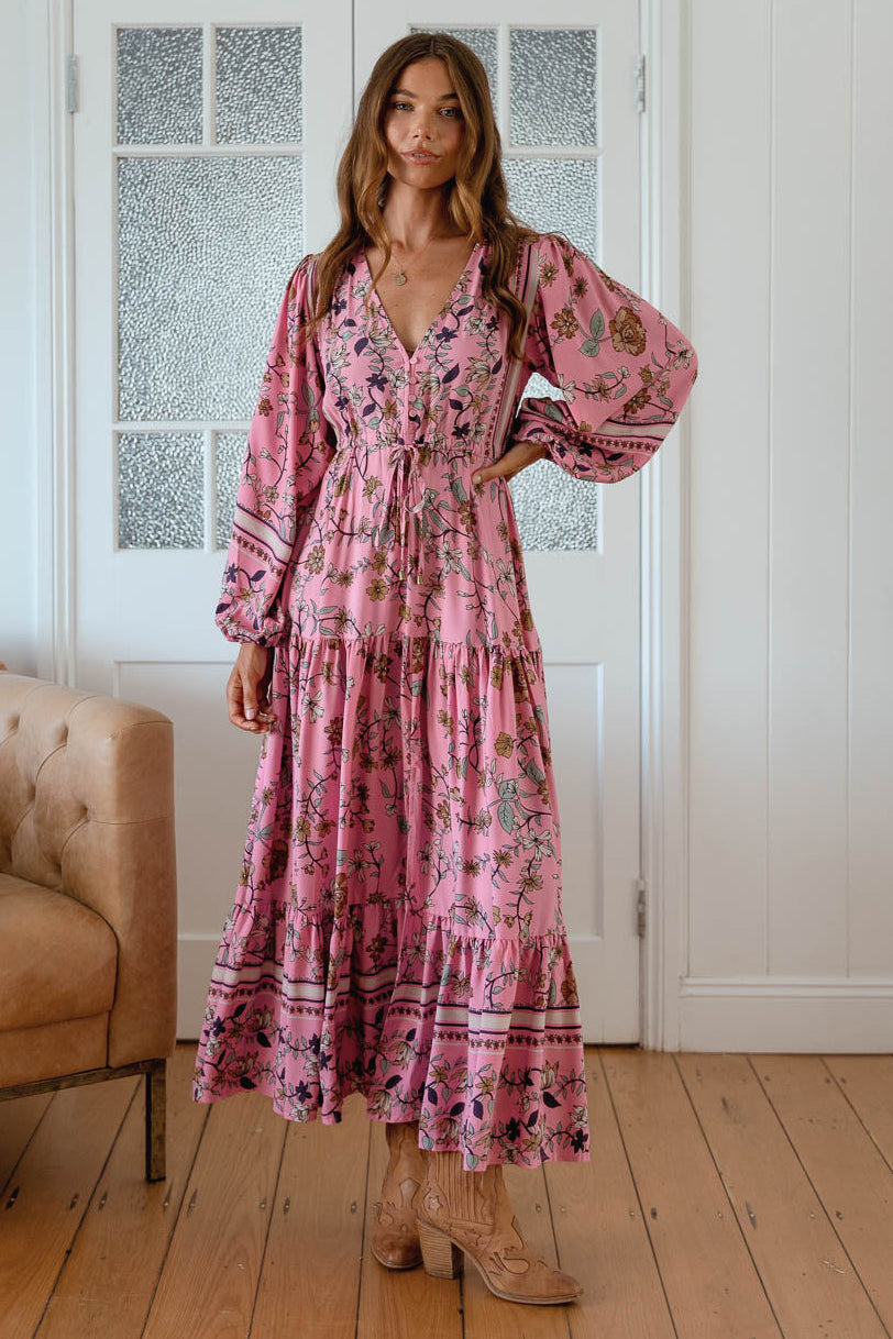 Jaase Teresa Maxi Dress with Long Sleeve Drawstring Waist - Elara - Style House Fashion