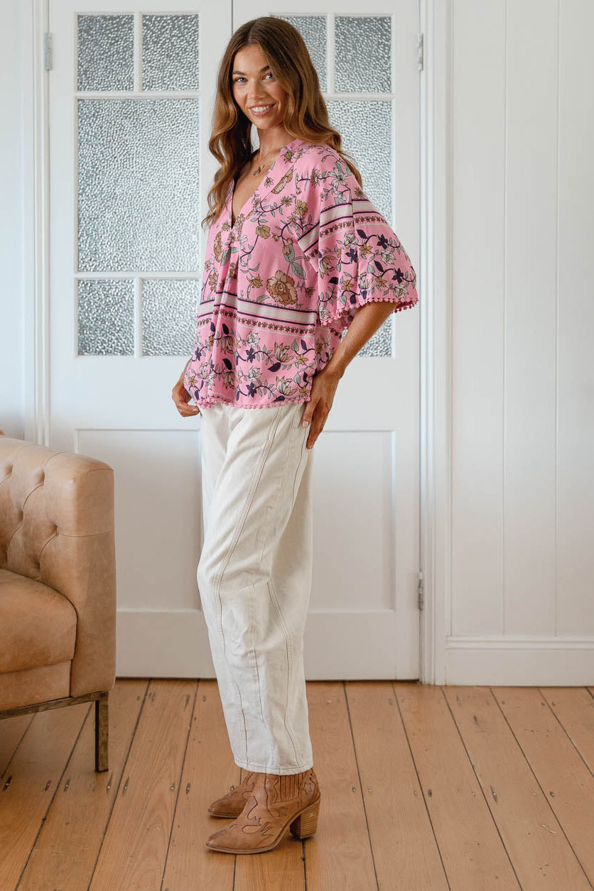 Jaase Gabriella Blouse Top with V-Neck Lantern Sleeve - Elara - Style House Fashion