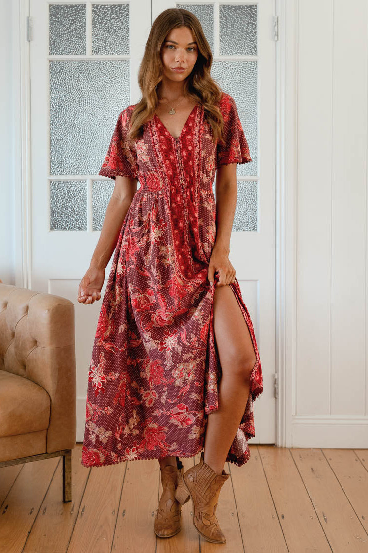 Jaase Pearl Midi Dress with Flutter Sleeve V Neck Pockets Buttoned - Ziggy - Style House Fashion