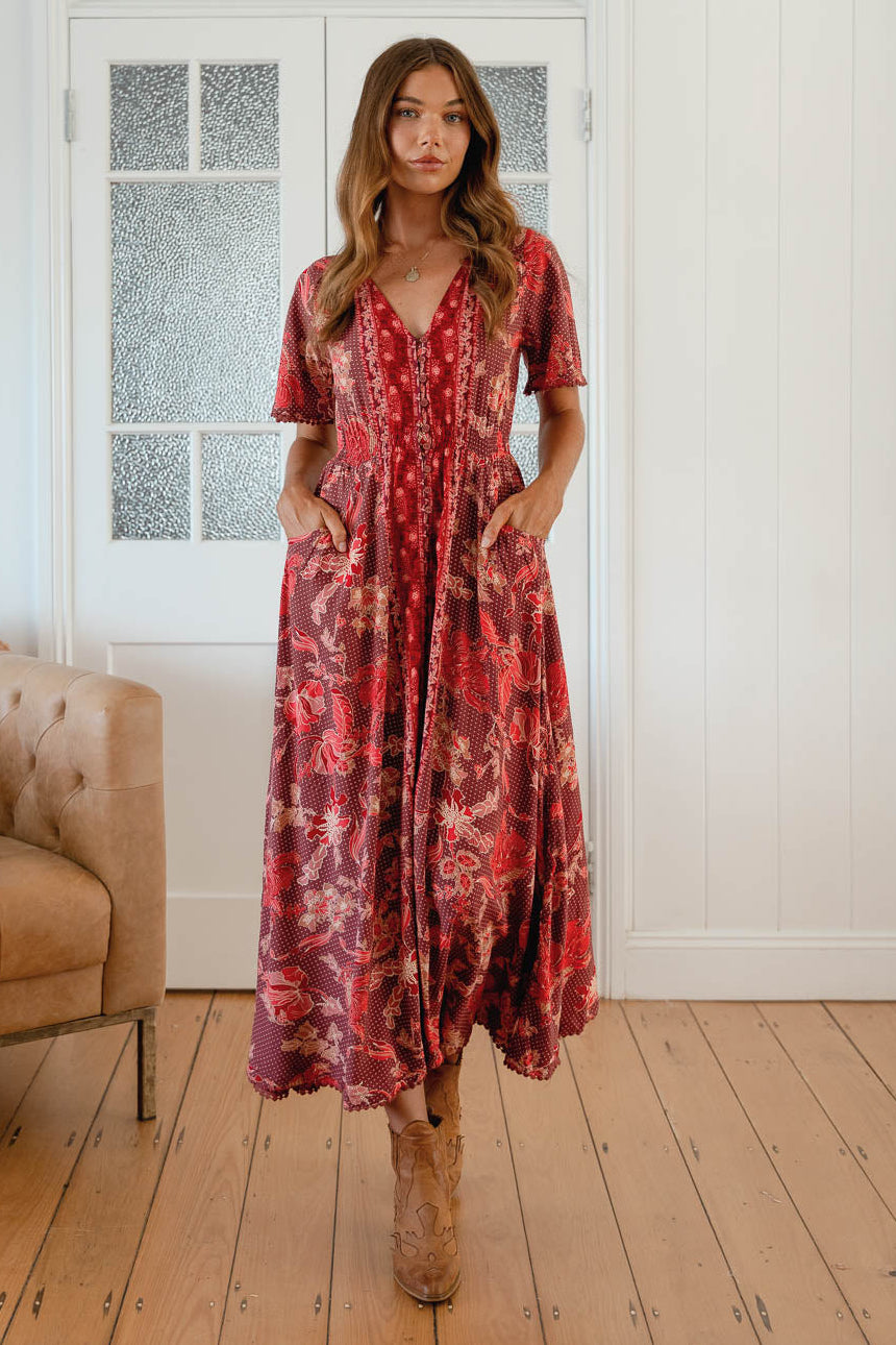 Jaase Pearl Midi Dress with Flutter Sleeve V Neck Pockets Buttoned - Ziggy - Style House Fashion