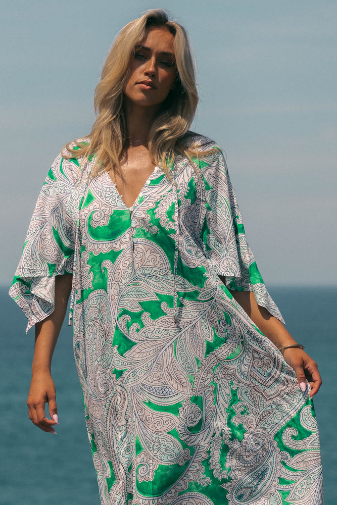 Jaase Bree Maxi Dress with V Neck Button Bodice Hankerchief Sleeve - Kashira