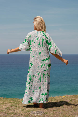 Jaase Bree Maxi Dress with V Neck Button Bodice Hankerchief Sleeve - Kashira