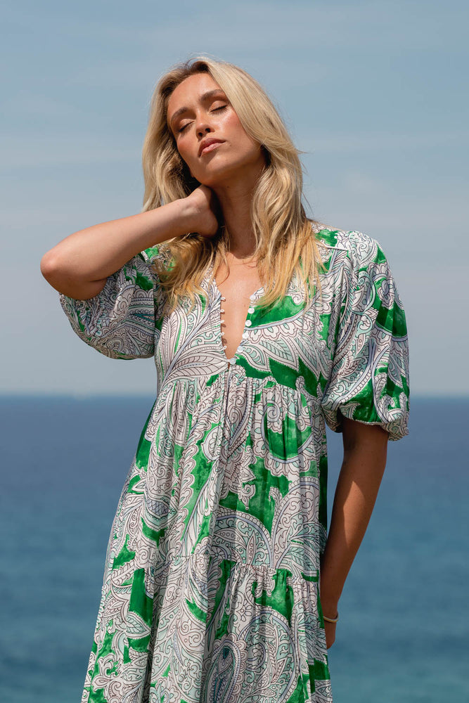 Jaase Eve Midi Dress with V-Neck Buttons Half Puff Sleeve - Kashira