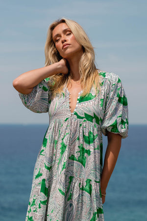 Jaase Eve Midi Dress with V-Neck Buttons Half Puff Sleeve - Kashira