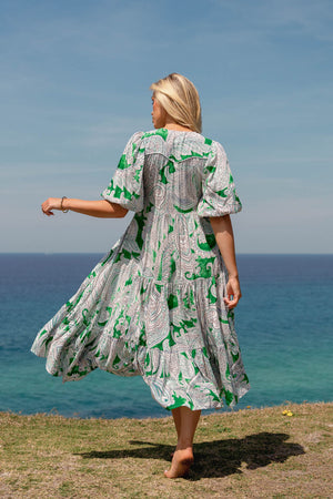 Jaase Eve Midi Dress with V-Neck Buttons Half Puff Sleeve - Kashira