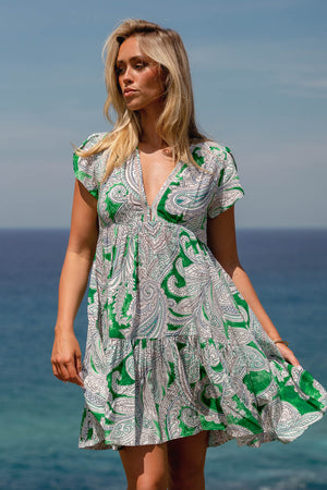 Jaase Rhys Mini Dress with Pockets V-Neck Flutter Sleeve - Kashira
