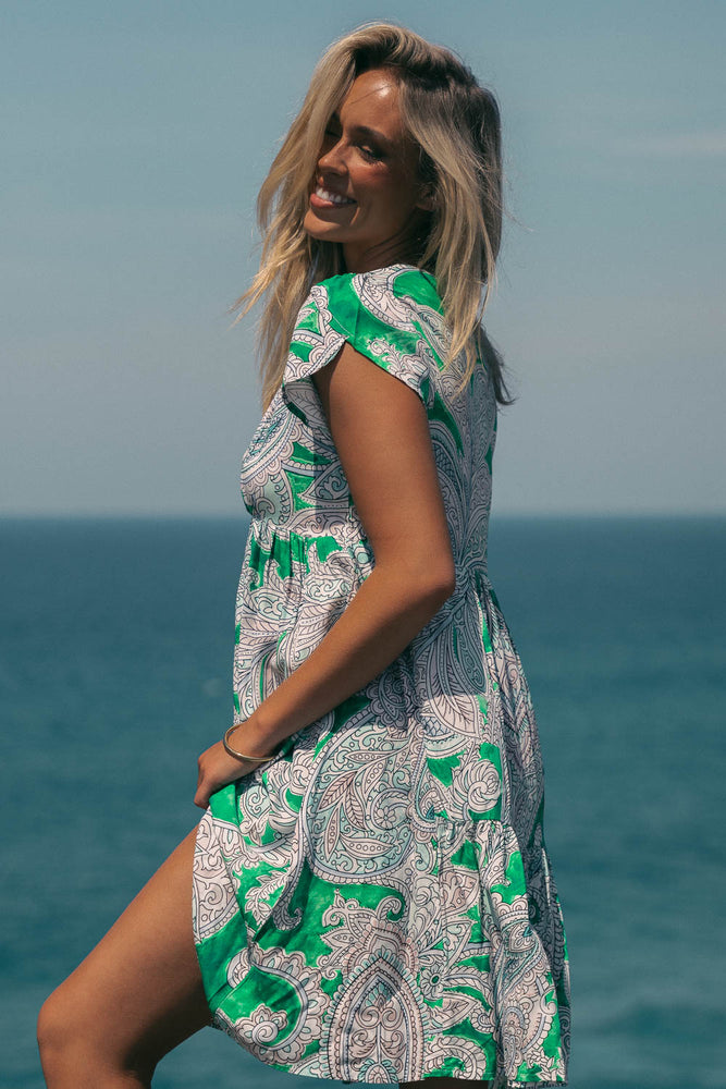 Jaase Rhys Mini Dress with Pockets V-Neck Flutter Sleeve - Kashira