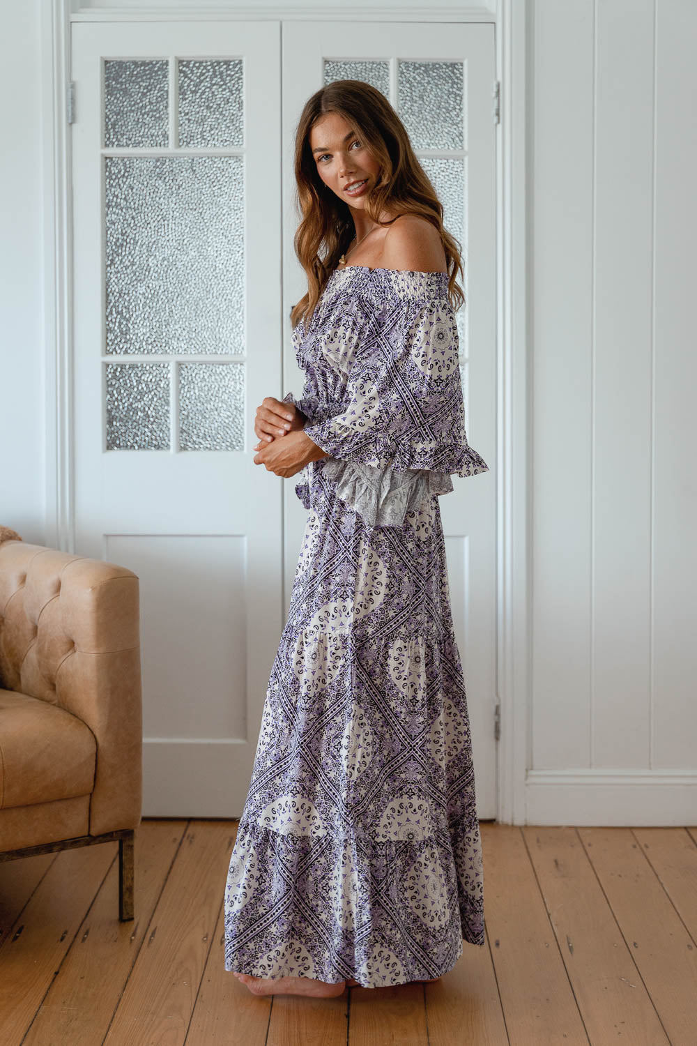 Jaase Teegan Maxi Dress with Shirred Waist Off Shoulder Wing Sleeve - Lilac Lullaby - Style House Fashion