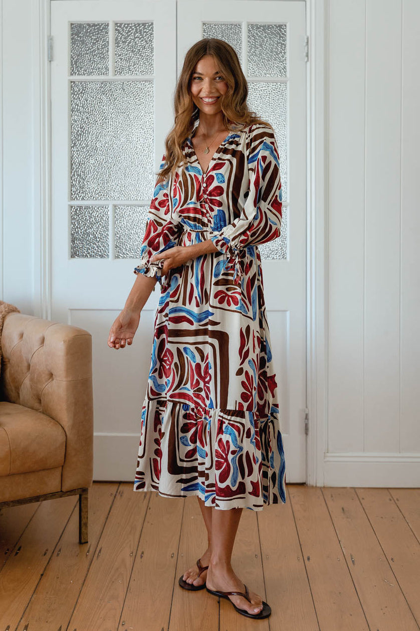 Jaase Jamie Midi Dress with V-Neck Half Sleeve Elastic Waist - Artisan - Style House Fashion