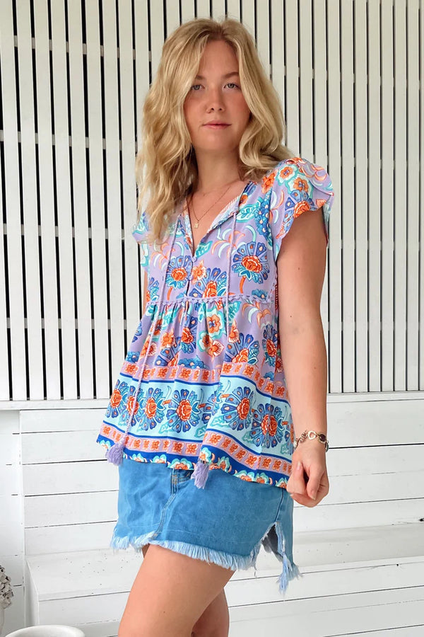 Jaase Ella Top Blouse with Shell Sleeve V Neck Button Bodice - Daydreamer - Style House Fashion