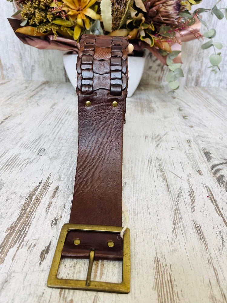 Genuine Leather Armadillo Wide Belt with T Bar Buckle ~ Chocolate Taboo