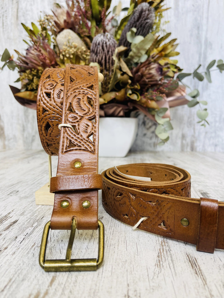 Genuine Leather Hand Tooled Belt Bronze T Bar - Tan Style House House