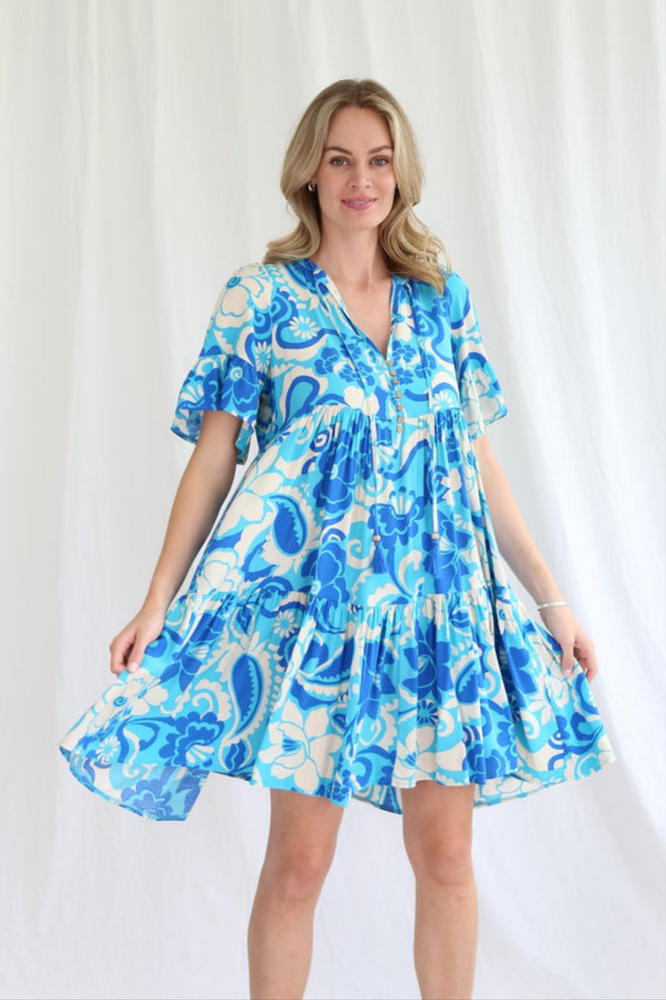 Shareen Becca Mini Dress Baby Doll V Neck Buttons - Blue Mirage - Style House Fashion