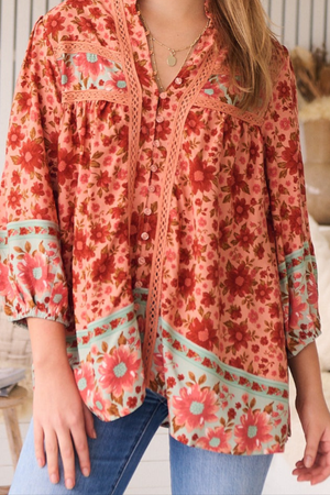 Jaase Bee Blouse Top with Mandarin Collar V Neck Buttons Lace Detail - Lillianna - Style House Fashion Jaase