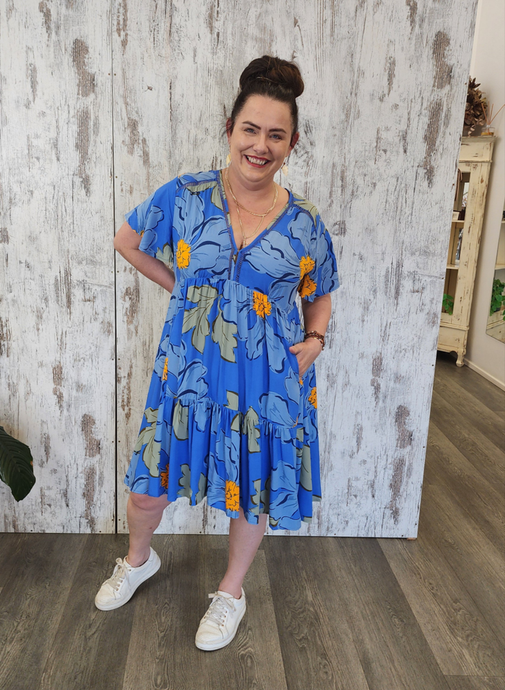 Jaase Rhys Mini Dress with Pockets V-Neck Flutter Sleeve - Blue Bell - Style House Fashion Jaase