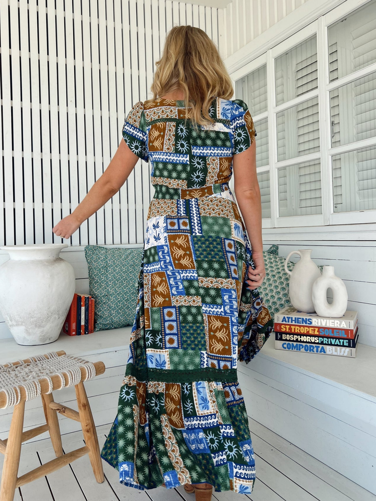 Jaase Carmen Maxi Dress with Cap Shell Sleeve V Neck Pockets Buttoned - Emerald Cove - Style House Fashion Jaase Jaase Jaase