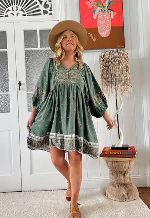 Jaase Adela Dress with Buttoned Bodice V-Neck Pockets - Viridian - Style House Fashion Jaase
