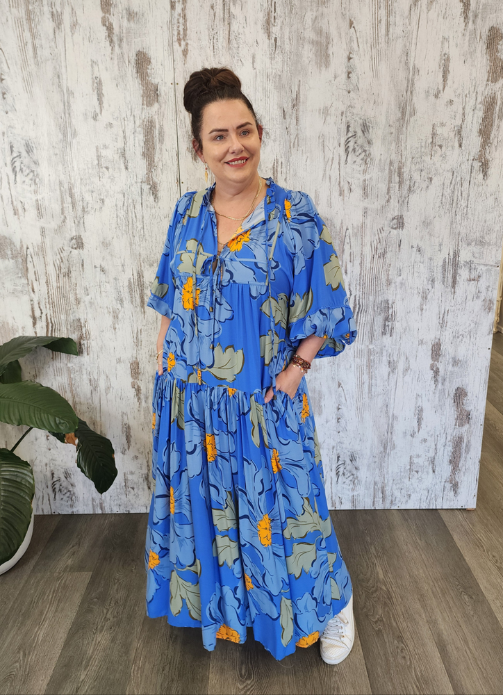 Jaase Loretta Maxi Dress with Pockets V-Neck Tie Bodice - Blue Bell - Style House Fashion Jaase