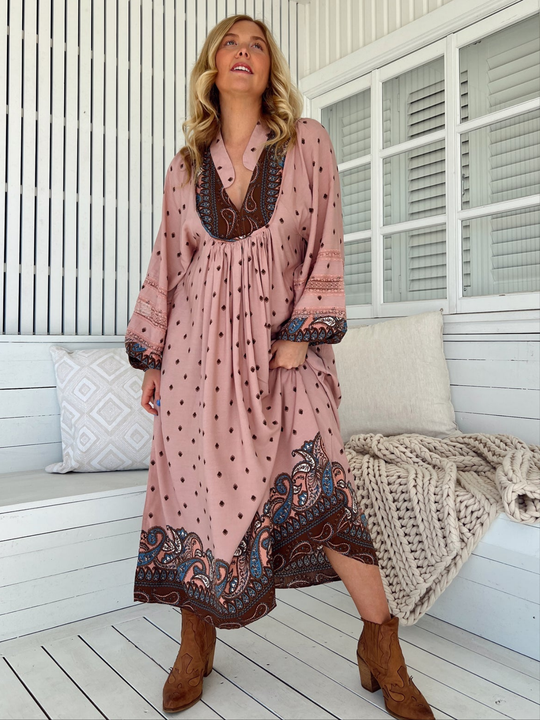 Jaase Boheme Midi Dress with Long Sleeve Lace Detail V Neck Pockets - Seraphina