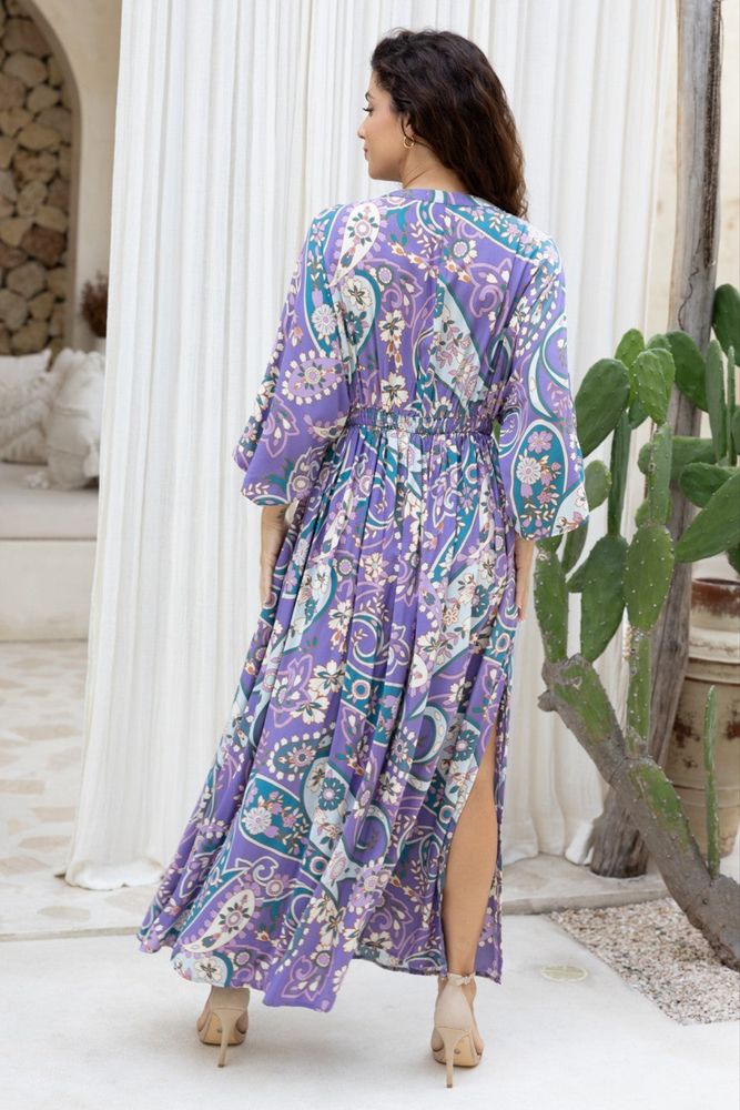 Salty Bright Carly Maxi Dress with V Neck Caftan Style Sleeve - Periwinkle