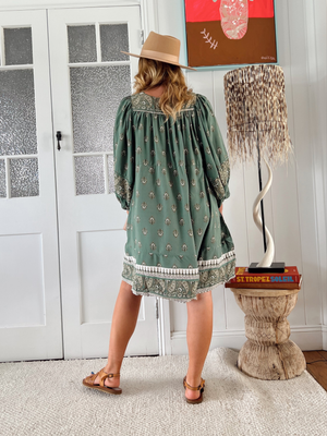 Jaase Adela Dress with Buttoned Bodice V-Neck Pockets - Viridian - Style House Fashion Jaase