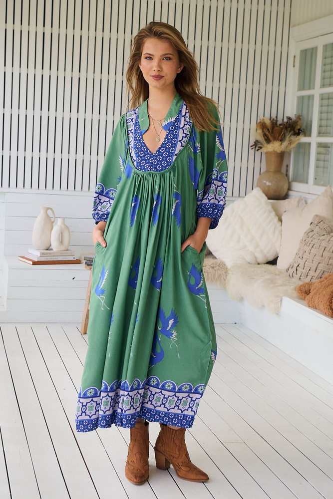 Jaase Boheme Midi Dress with Mandarin Collar V Neck Pockets - Bluebird - Style House Fashion Jaase Jaase