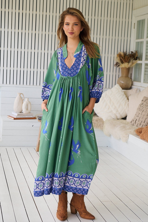 Jaase Boheme Midi Dress with Mandarin Collar V Neck Pockets - Bluebird - Style House Fashion Jaase Jaase