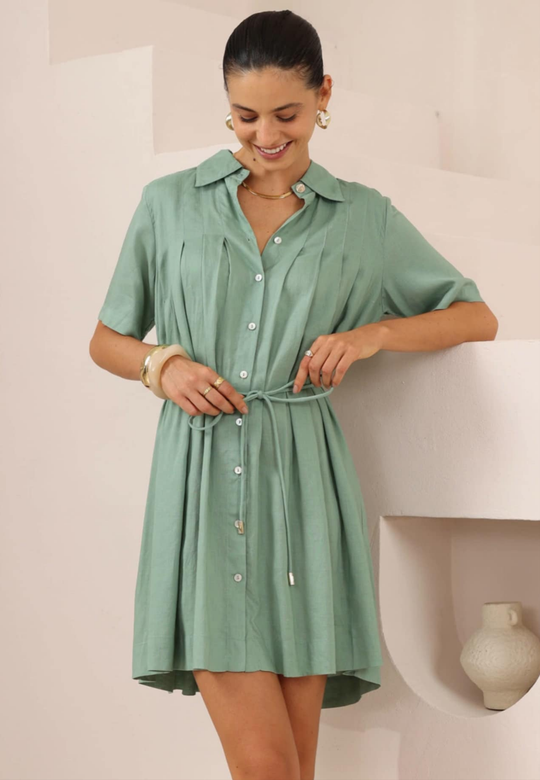 Iris Maxi Ellie Mini Dress with V-Neck Collar Buttoned Front - Pistachio