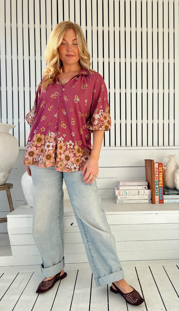 Jaase Arden Blouse with V-Neck Buttoned Half Sleeve Elastic Cuff - Bee Orchid - Style House Fashion Jaase