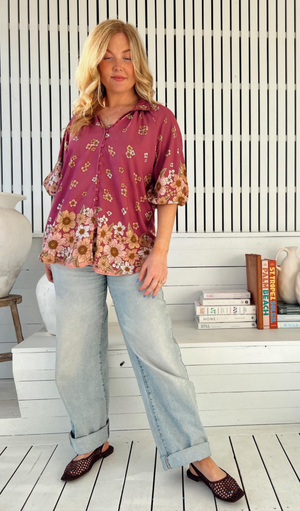 Jaase Arden Blouse with V-Neck Buttoned Half Sleeve Elastic Cuff - Bee Orchid - Style House Fashion Jaase