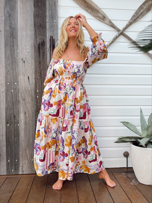 Jaase Tulli Midi Dress with Shirred Bodice Pockets Puff Sleeve - Sweet Lilly - Style House Fashion Jaase Jaase Jaase