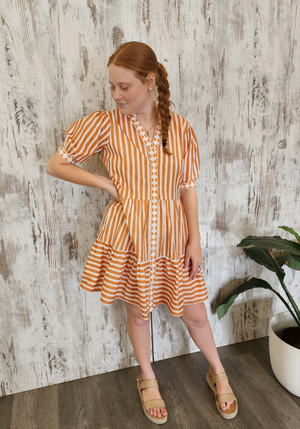 Joop & Gypsy Stripe Mini Dress V Neck Pockets - Pumpkin Striped - Style House Fashion Joop and Gypsy Joop and Gypsy Joop and Gypsy Joop and Gypsy Joop and Gypsy Joop and Gypsy