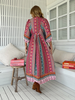 Jaase Boheme Midi Dress with Mandarin Collar V Neck Pockets - Cedella - Style House Fashion