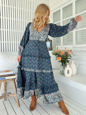 Jaase Luciana Maxi Dress with V Neck Drawstring Billowy Sleeves - Nico
