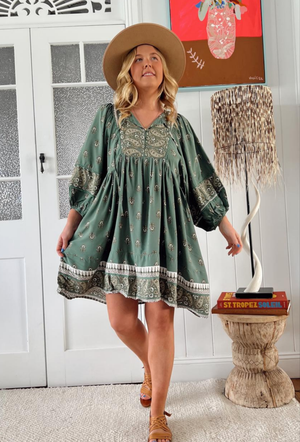 Jaase Adela Dress with Buttoned Bodice V-Neck Pockets - Viridian
