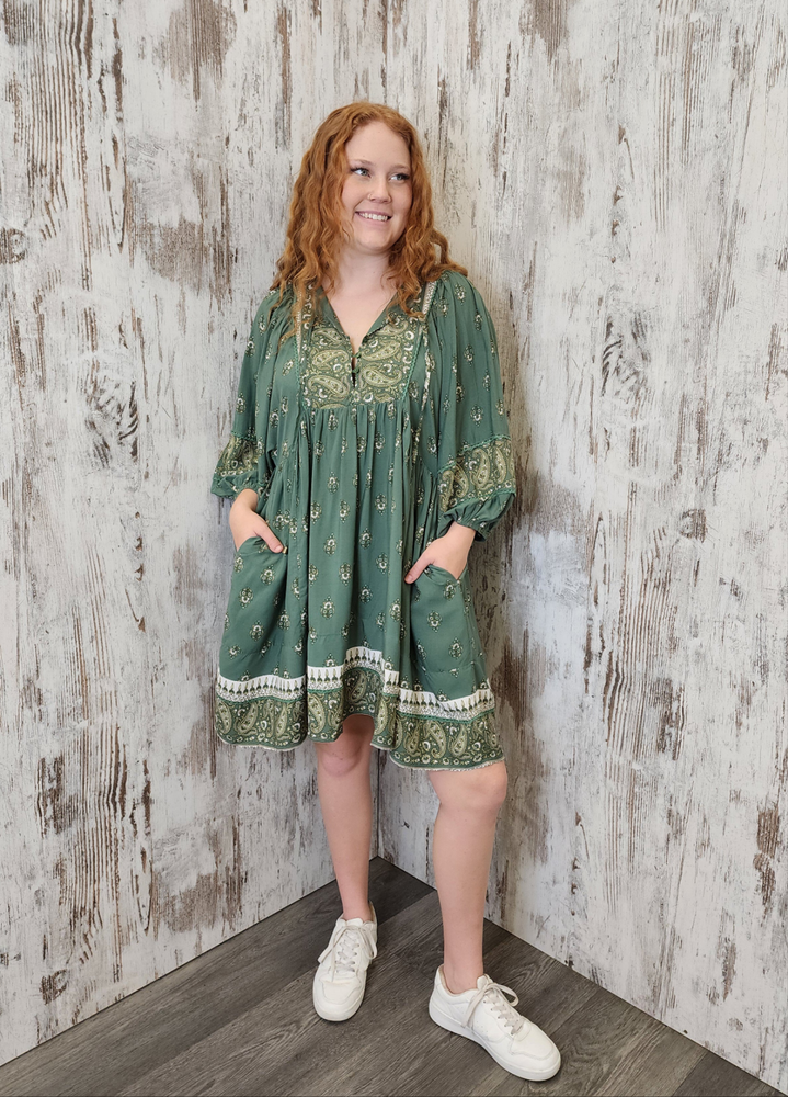 Jaase Adela Dress with Buttoned Bodice V-Neck Pockets - Viridian