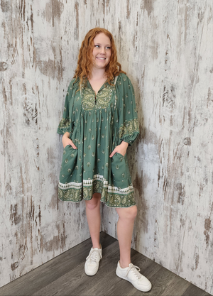 Jaase Adela Dress with Buttoned Bodice V-Neck Pockets - Viridian