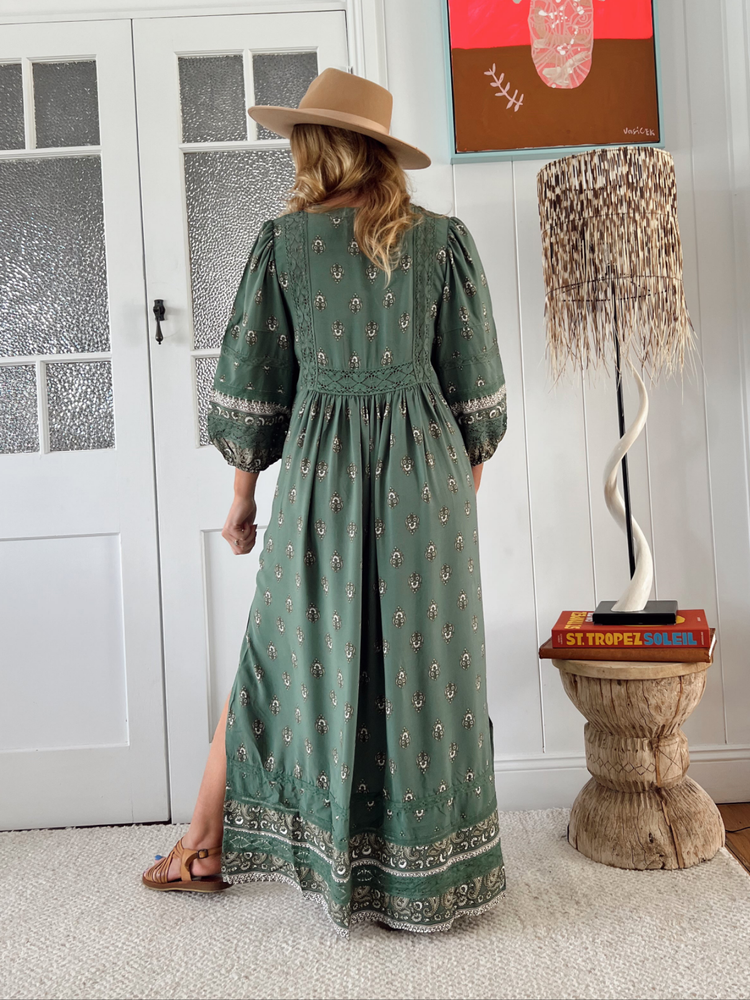 Jaase Meadow Maxi Dress with V Neck Button Bodice - Viridian - Style House Fashion Jaase
