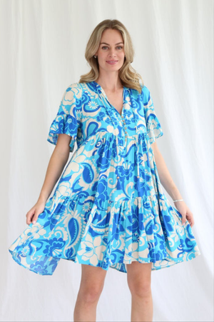 Shareen Becca Mini Dress Baby Doll V Neck Buttons - Blue Mirage - Style House Fashion